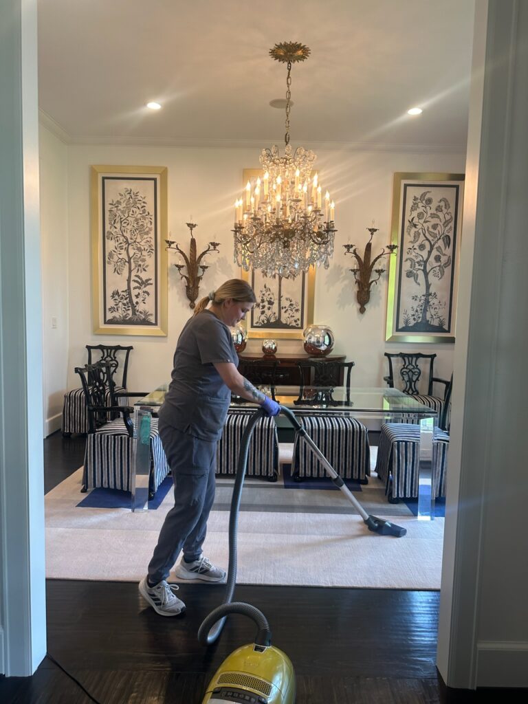 A Vella cleaner vacuuming a patterned dining room rug, leaving the space looking fresh and tidy.