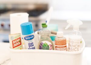 Eco-friendly cleaning supplies from Bon Ami, Sprayway, Seventh Generation, Dr. Bronner's, and Branch Basics in a cleaning caddy.