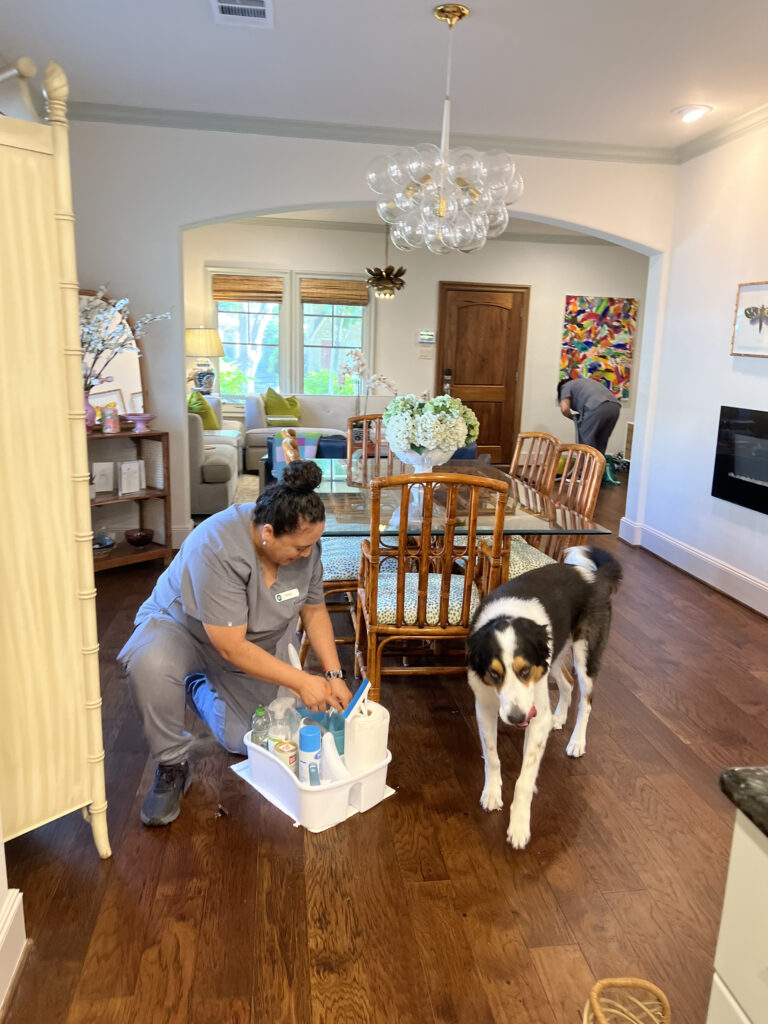 Vella’s staff uses eco-friendly cleaning products while the pet dog watches over her.