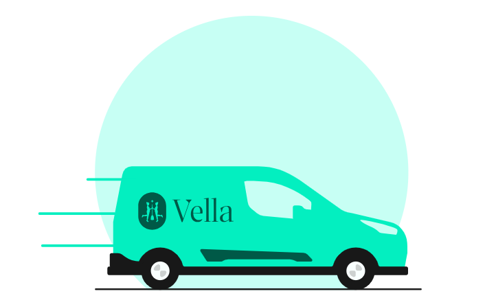 Vella Van The image shows a green van with the word "Vella" written on the side. The van is moving quickly, indicated by motion lines behind it.