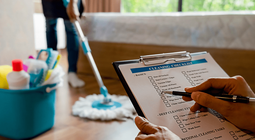 A person checking off items on a cleaning checklist A person checking off items on a cleaning checklist with a mop and bucket in the background, focusing on outdoor cabinets.